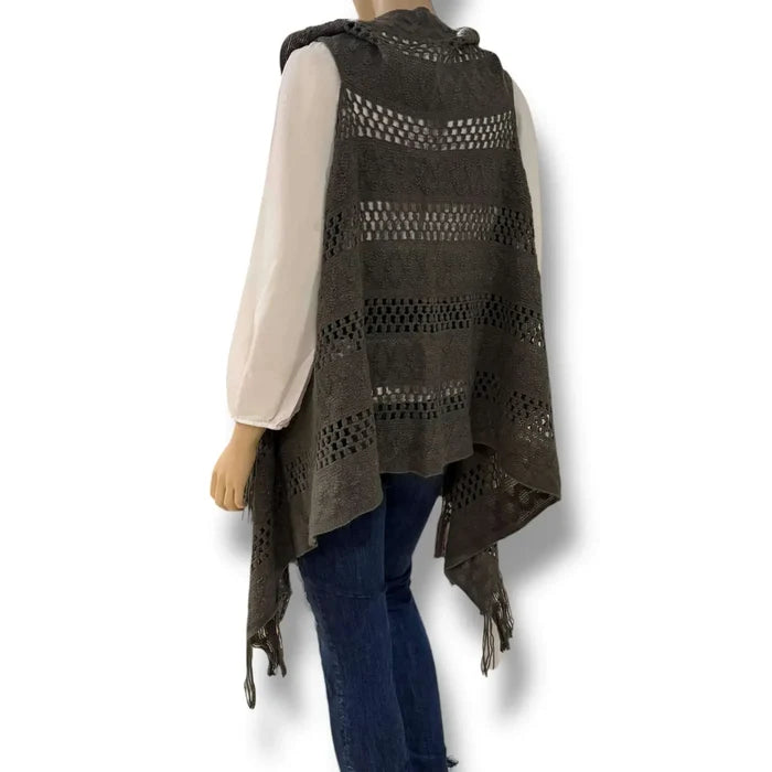 Boho Western Crochet Fringe Cardigan Vest sleeveless open front crochet layer in beige burgundy red or dark gray