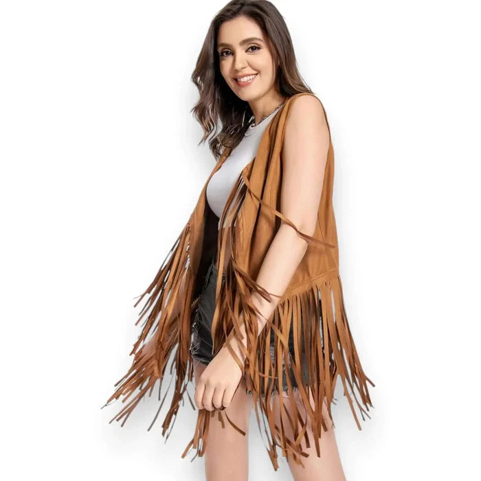 model wearing brown Lightweight Open Front Suede Fringe Vest