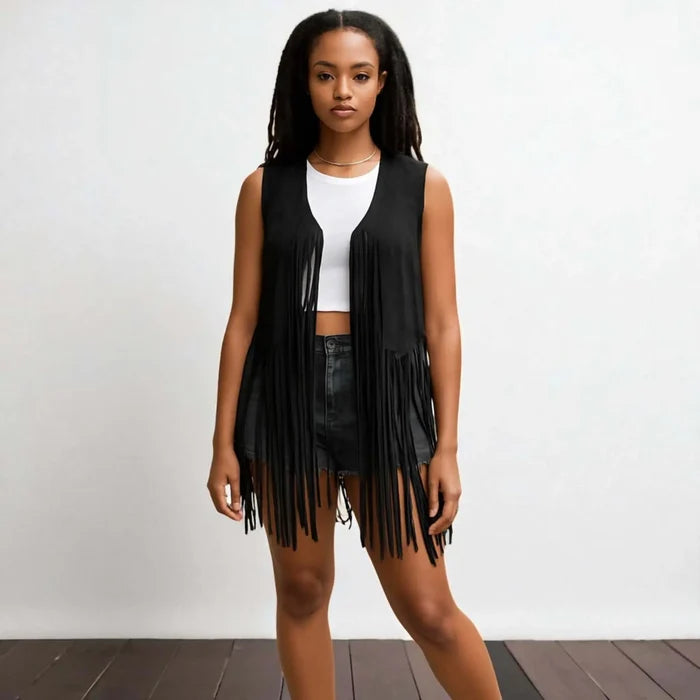 model wearing black Lightweight Open Front Suede Fringe Vest