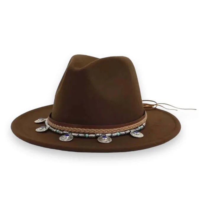 Boho Western Fedora Hat XL with tall crown, flat stiff brim, braided concho band  / unisex / dark brown