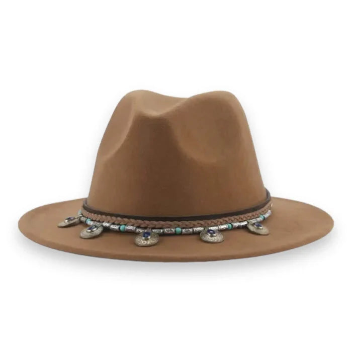 Boho Western Fedora Hat XL with tall crown, flat stiff brim, braided concho band tan / unisex