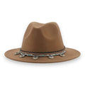 Boho Western Fedora Hat XL with tall crown, flat stiff brim, braided concho band tan / unisex