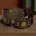dark brown faux leather boho western medallion belt with antique gold floral engraved oval buckle studded rivets and O-ring links