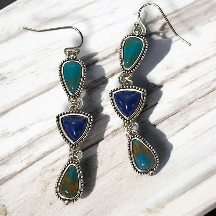 Boho Western Multi Stone Dangle Earrings with turquoise green and blue faux stones in silver-tone settings