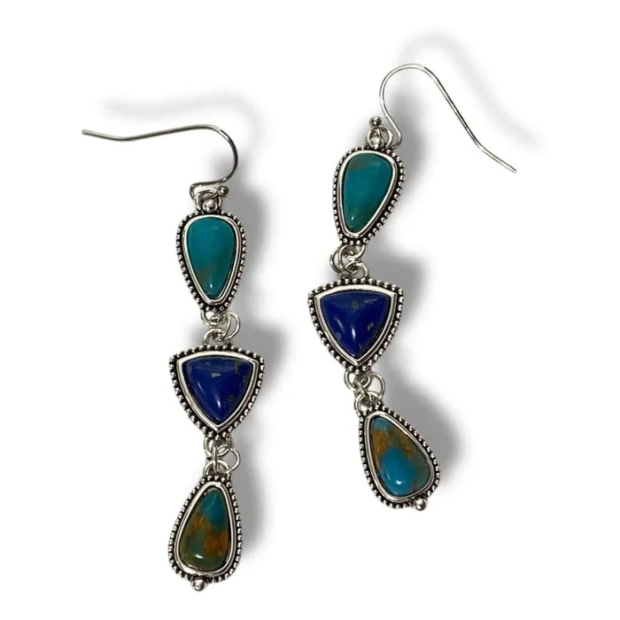 Boho Western Multi Stone Dangle Earrings with turquoise green and blue faux stones in silver-tone settings