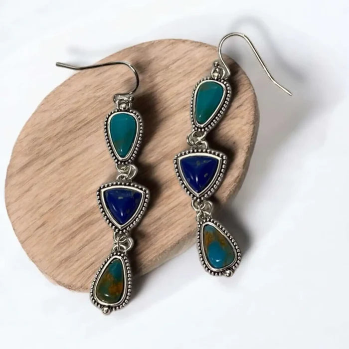Boho Western Multi Stone Dangle Earrings with turquoise green and blue faux stones in silver-tone settings