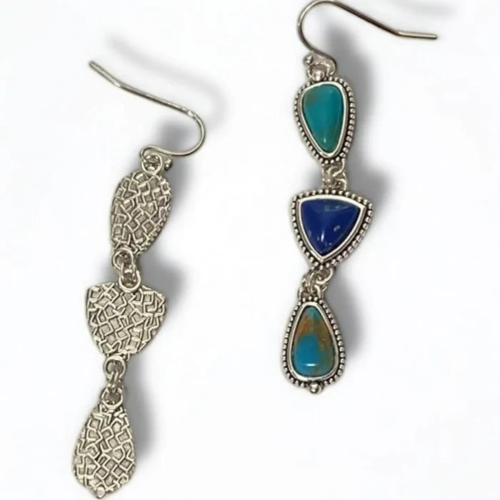 Boho Western Multi Stone Dangle Earrings with turquoise green and blue faux stones in silver-tone settings