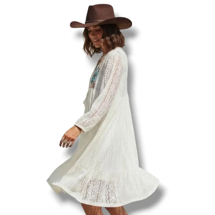 Women's Boho-Western White Lace Beach Tunic Dress with embroidered neckline and lantern sleeves / Open Size