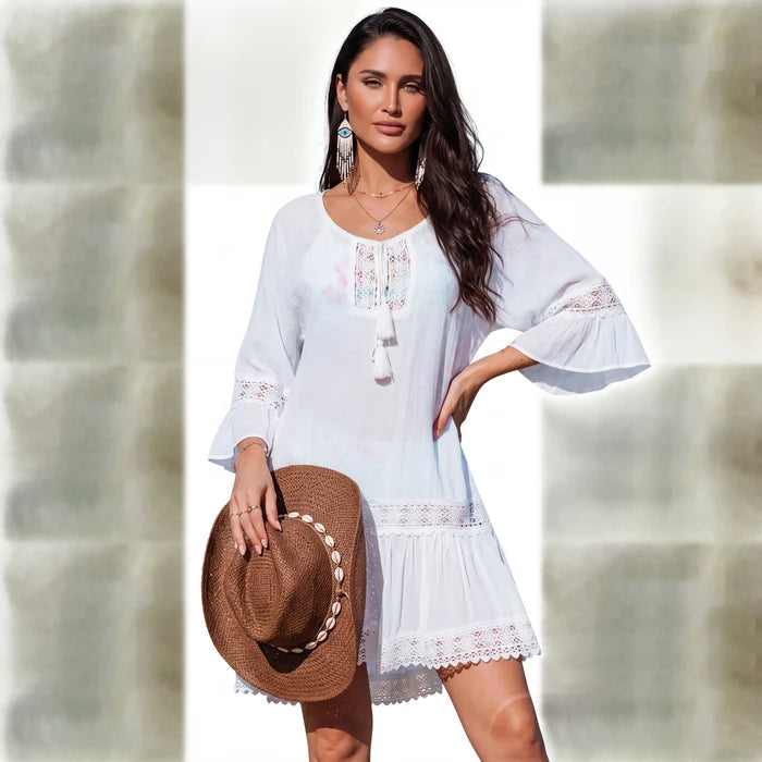 boho evil eye earrings straw hat with Boho White Cotton Crochet Tunic Cover up bell sleeve tassel tie v neckline resort, beach, swimsuit cover up / s/m