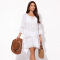 woman wearing Boho White Cotton Crochet Tunic Cover up bell sleeve tassel tie v neckline resort, beach, swimsuit cover up / s/m /