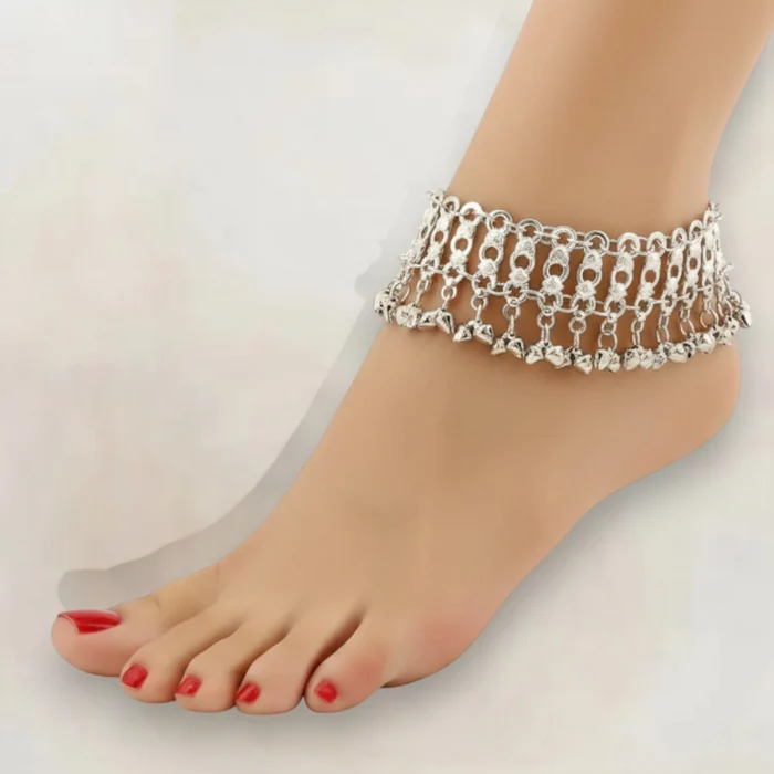 Boho Wide Silver Bells Anklet Bracelet - Silver / One size / Female - Anklets