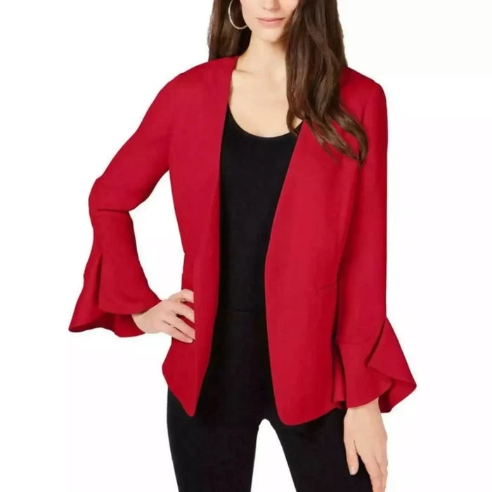 woman wearing Bold Red Bell Sleeve Blazer with tulip cuffs, collarless open front, thigh-length cut, and functional pockets