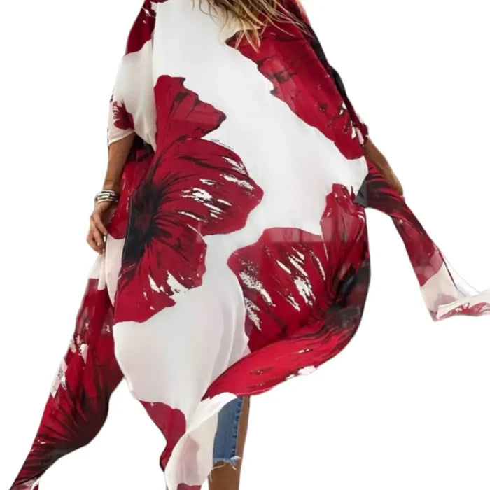 Red Hibiscus Kimono Robe- Wild Time Fashion