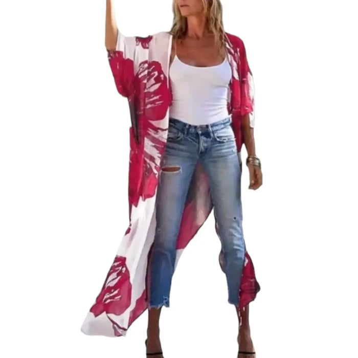 Red Hibiscus Kimono Robe - Wild Time Fashion