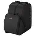 Black backpack with visible branding on a white background