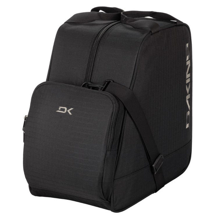 Black backpack with visible branding on a white background