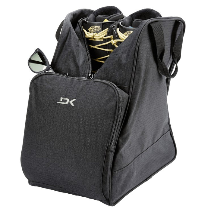 Black ski boot bag with 'DK' logo on a white background