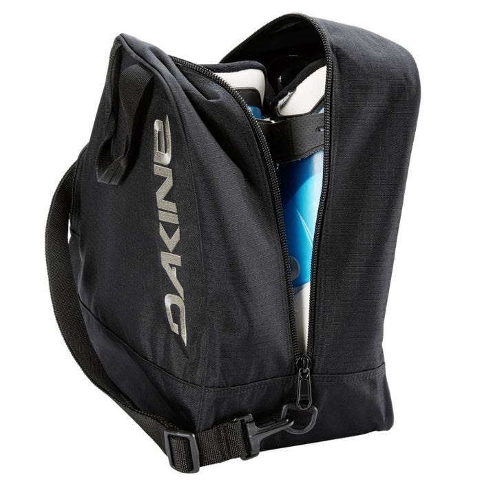 Black Dakine bag with a white and blue object inside on a white background