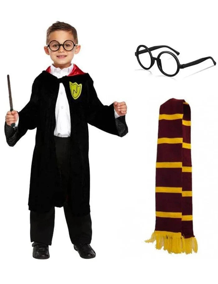 Boys Wizard Costume Accessories Magic Robe, Scarf, Magic Wand, & Glasses Set - thefancydress.co.uk