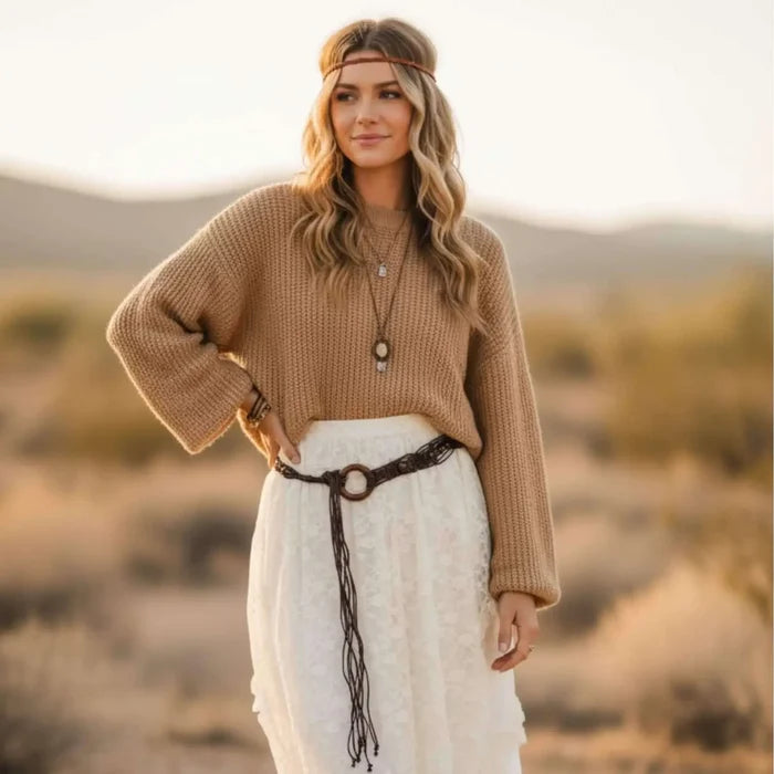 woman wearing over boho outfit brown braided beaded tassel belt with wood ring buckle fringe accented