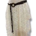 brown braided beaded tassel belt with wood ring buckle fringe styled at the waist over a boho skirt
