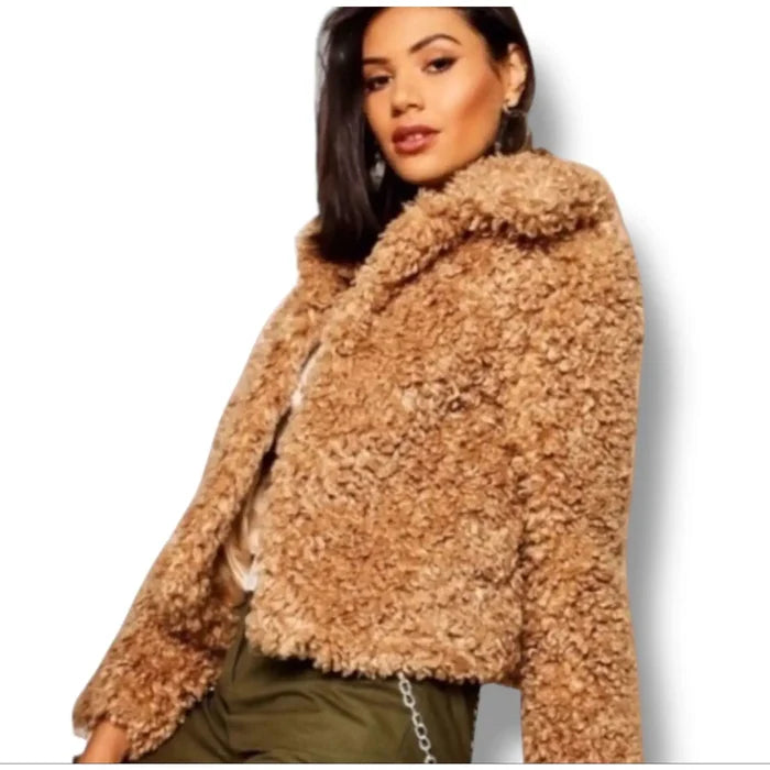 Brown sherpa faux fur jacket cropped fit side pocket view