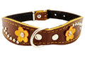Brown Genuine leather Designer Dog Collar 14.5"x1" with Studs, Daisy, and Rhinestone