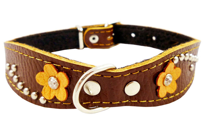 Brown Genuine leather Designer Dog Collar 14.5"x1" with Studs, Daisy, and Rhinestone