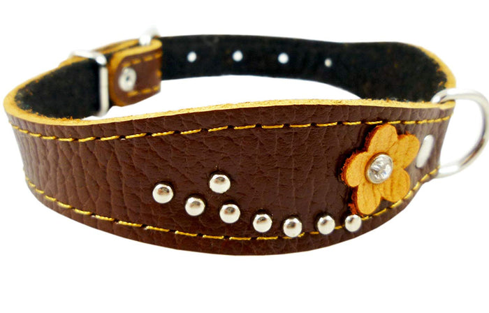 Brown Genuine leather Designer Dog Collar 14.5"x1" with Studs, Daisy, and Rhinestone