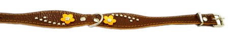 Brown Genuine leather Designer Dog Collar 14.5"x1" with Studs, Daisy, and Rhinestone