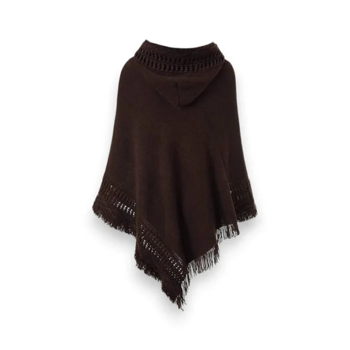 Brown Hooded Tassel Poncho Sweaters
