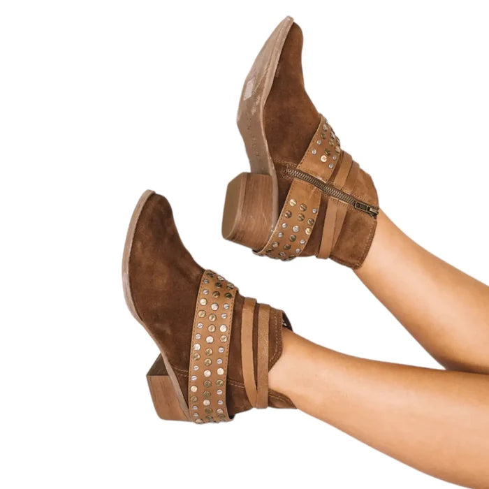 Brown Leather Ankle Studded Boots - Ankle Boots