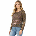 woman wearing w/ pink top and jeans Brown Open Knit Crochet Long Sleeve Top/women's/medium/brown blue