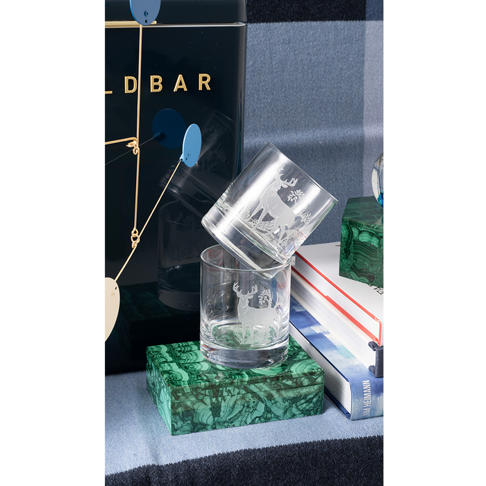 Set of two clear Bucks rocks glasses with etched deer head design, displayed on green marble block and books.