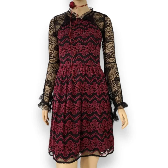 model wearing a rose choker and black bolero overBurgundy Lace Fit & Flare Halter Party Dress