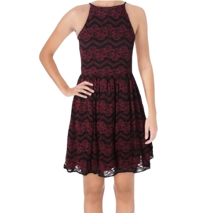 model wearing sleeveless Burgundy Lace Fit & Flare Halter Party Dress black chevron stripe accents