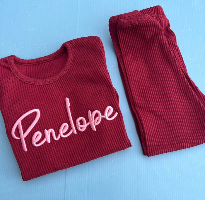 Burgundy Ribbed Loungewear with Pink Font