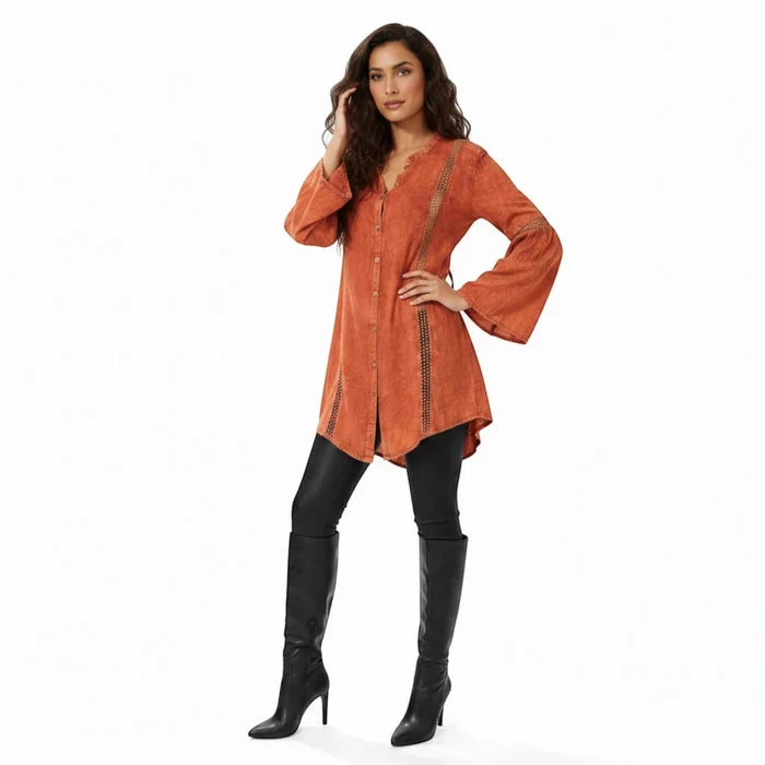 Burnt Orange Boho Tunic Top - Orange / Medium / Rayon - Women’s Tops