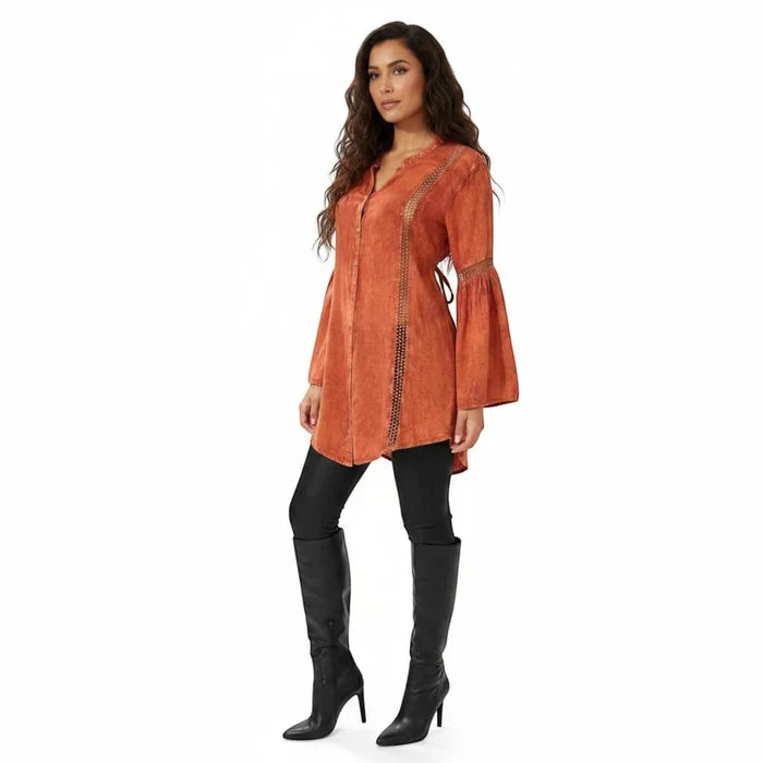 Burnt Orange Boho Tunic Top - Orange / Medium / Rayon - Women’s Tops
