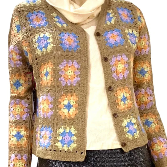 button down granny stitch crochet knitted cardigan tan base with multicolor floral granny squares v neck long sleeve lightweight boho y2k sweater