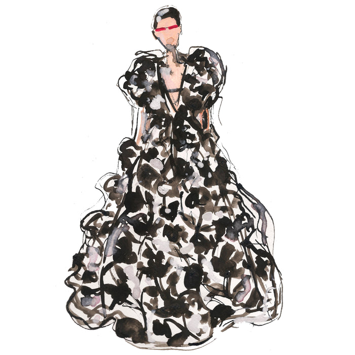 BW Dress Girl Watercolor Painting