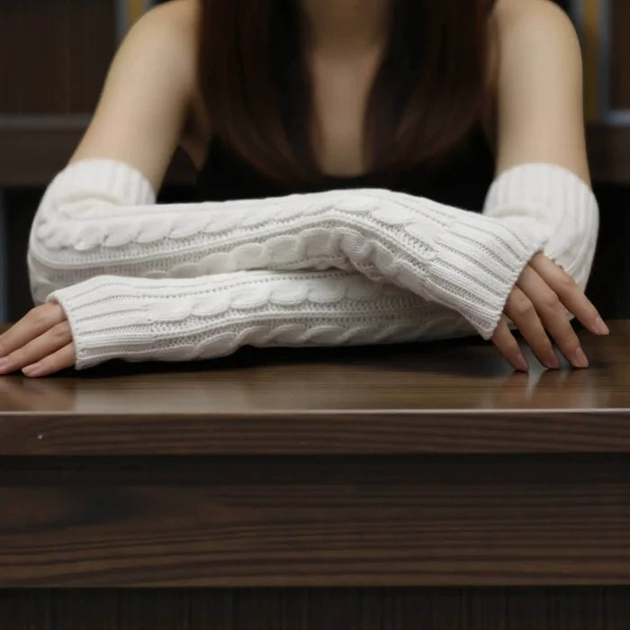 Off white cable knit extra long arm warmers with thumbholes and slouchy above-elbow fit