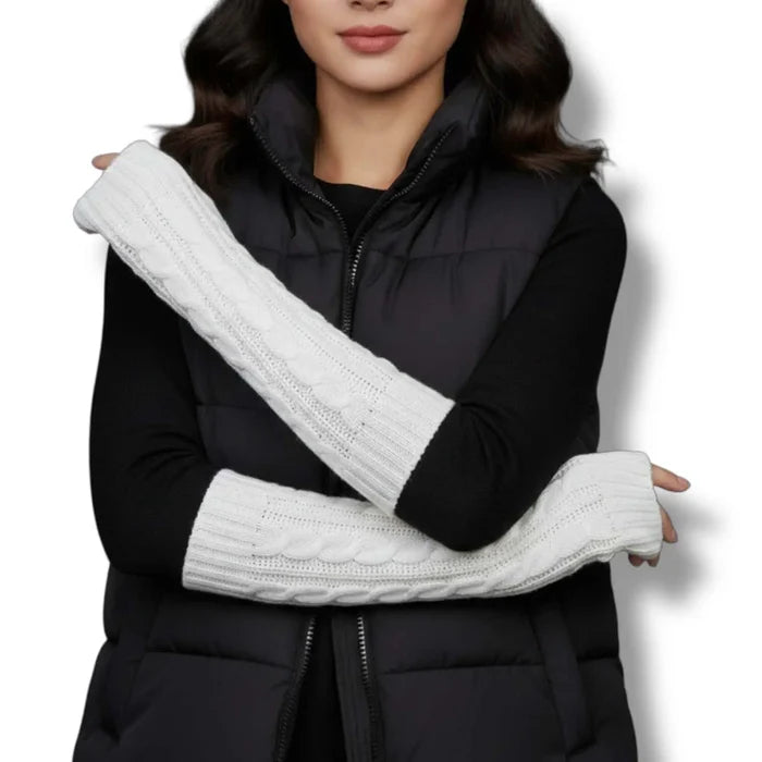 Off white cable knit extra long arm warmers with thumbholes and slouchy above-elbow fit