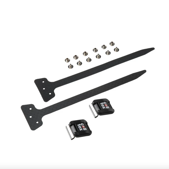 Set of black straps and hardware components on a white background