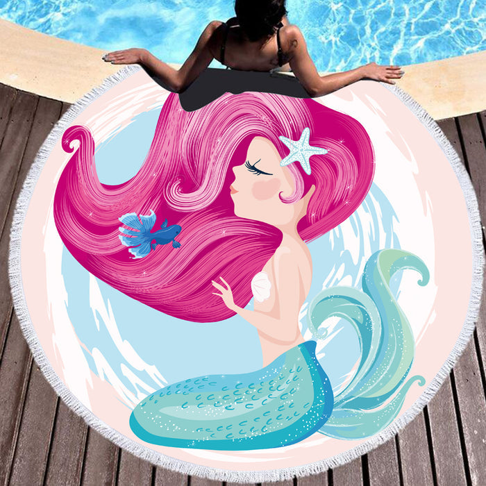 Cartoon Pink Mermaid Microfiber Large Round Beach Towels - BlueArtDecor