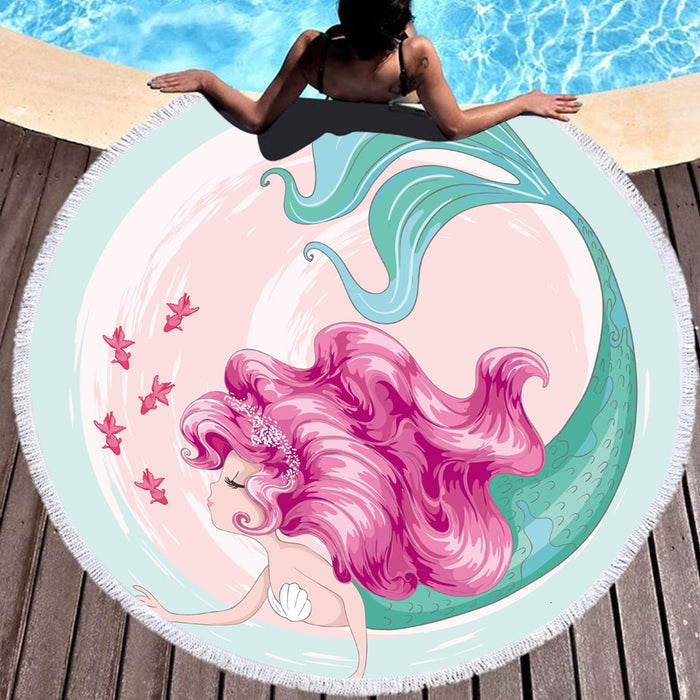 Cartoon Pink Mermaid Microfiber Large Round Beach Towels - BlueArtDecor