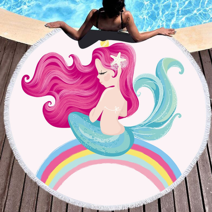 Cartoon Pink Mermaid Microfiber Large Round Beach Towels - BlueArtDecor