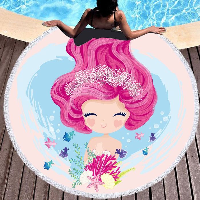 Cartoon Pink Mermaid Microfiber Large Round Beach Towels - BlueArtDecor