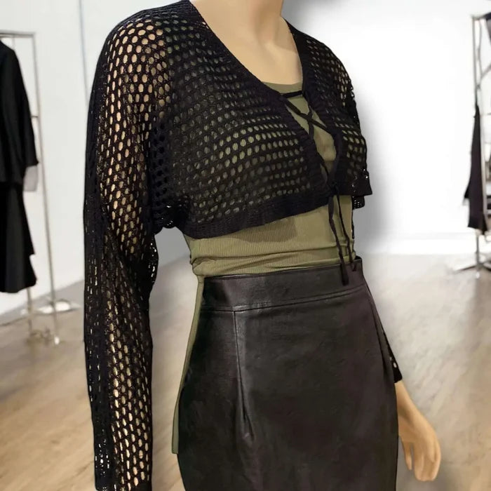Casual Long Sleeve Hollow Out Knit Crop Cardigan