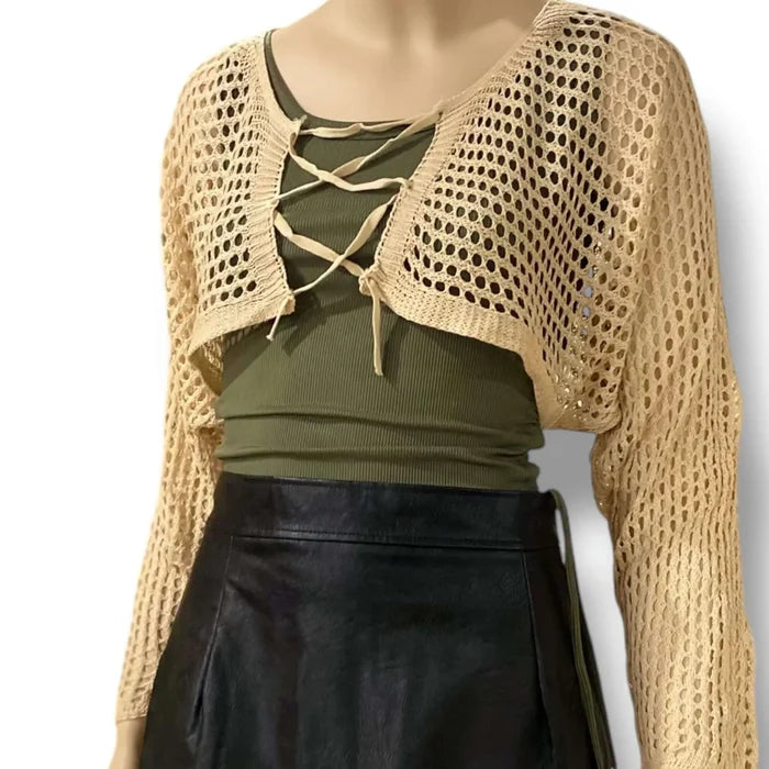 Casual Long Sleeve Hollow Out Knit Crop Cardigan